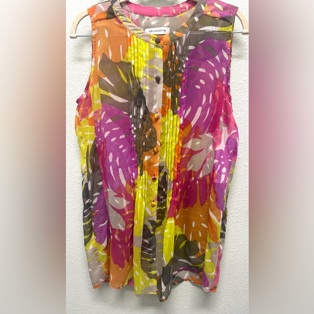 Liz Claiborne SZ M Pink and Gold sleaveless sheer Pleated Blouse button down NWT